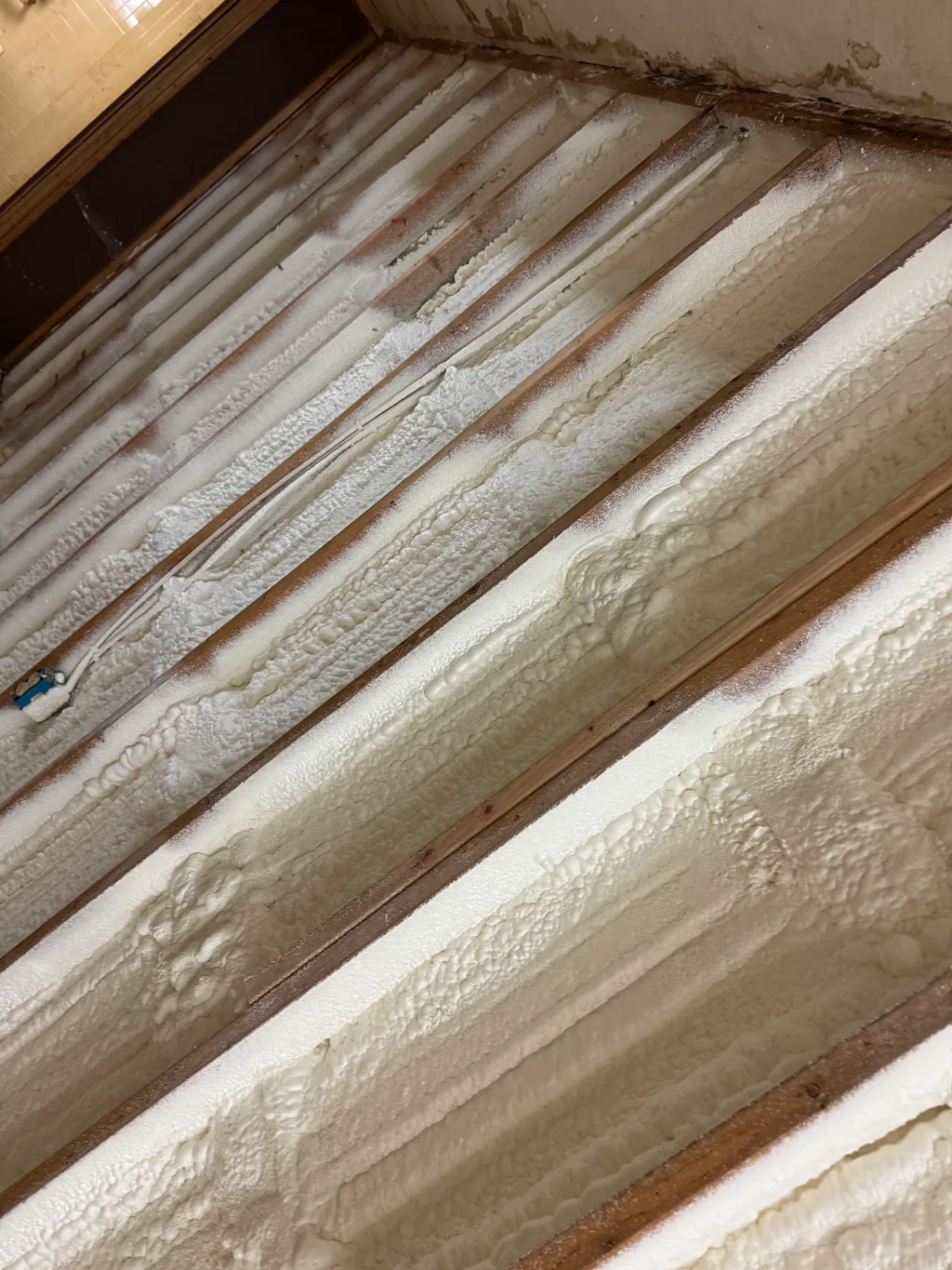 Cream foam packed between sloping rafters with dark timber edges left clean