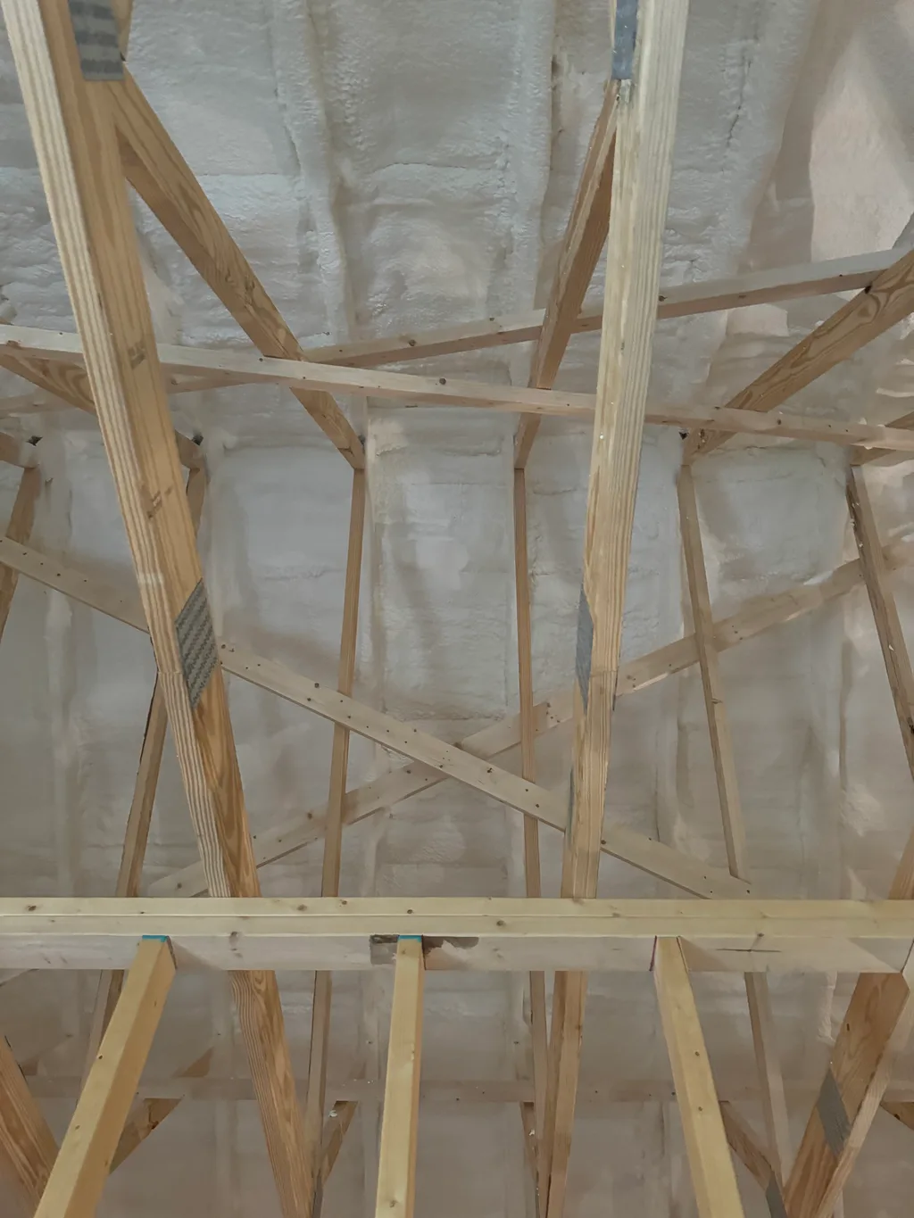 Foamed roof deck seen through new timber bracing crossing an open span