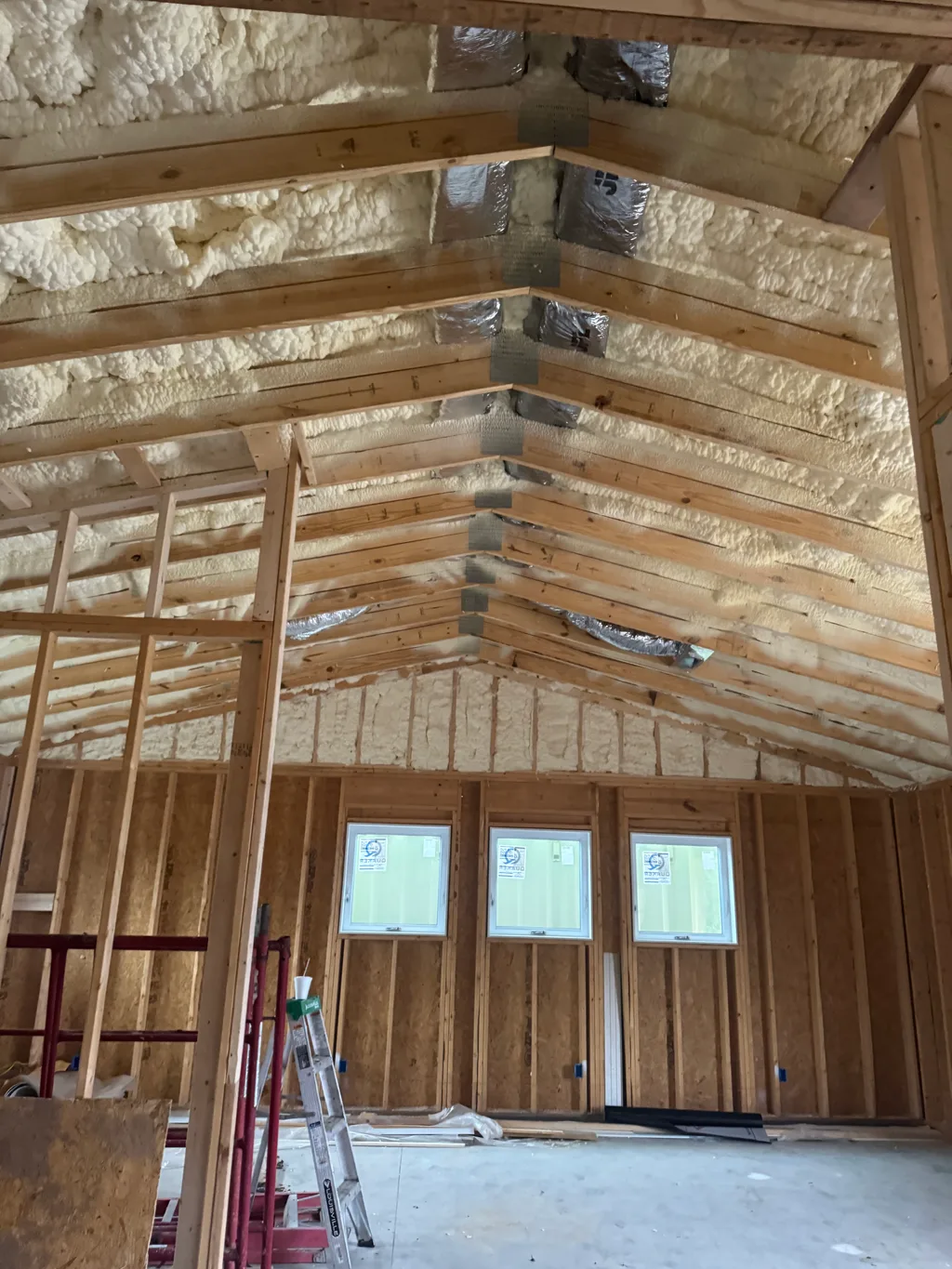 Foamed roof and trusses above framing with three windows and a red ladder below
